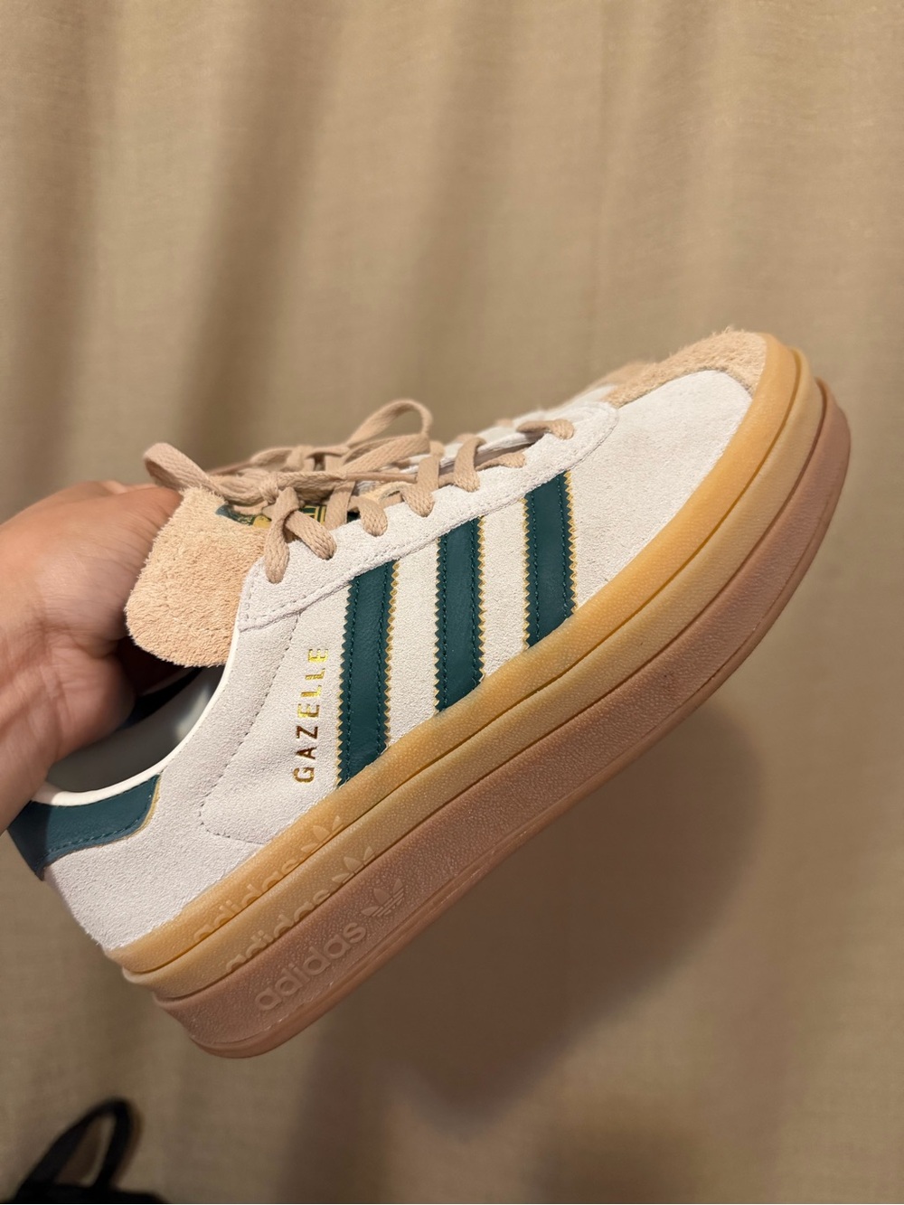 adidas Gazelle Suede Sneaker in Cream with Green Stripes